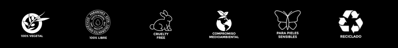 100% vegetal, 100% libre de parabenos y siliconas, cruelty free, compromiso medioambiental, para pieles sensibles, reciclado